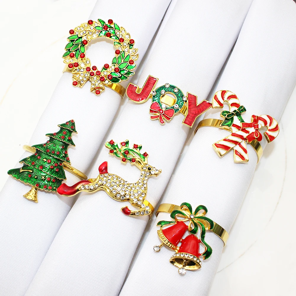 Christmas Napkin Holder Napkin Ring 6Pcs Mixed Gold Christmas Napkin Rings Set Wreath Angel Elk Bell Snowman Xmas Tree Napkin Holder for Wedding Party Table Decor