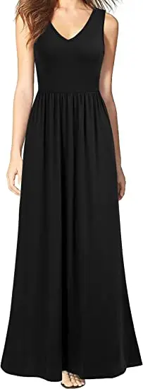 

Women Sleeveless V Neck Pocket Loose Long Dress Maxi Casual Dresses
