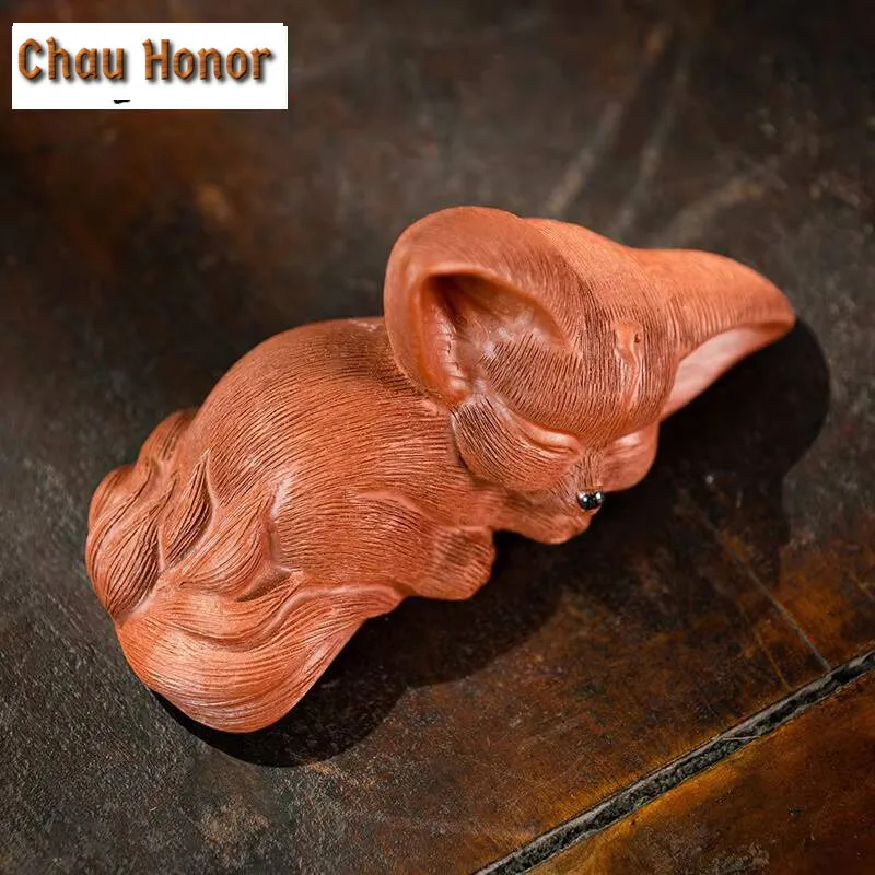 Chinese Yixing Purple Clay Sculpture Tea Pet Lucky Fox Statue Art Ornaments Animal Tea Figurine Crafts Home Tea Set Decors Gifts