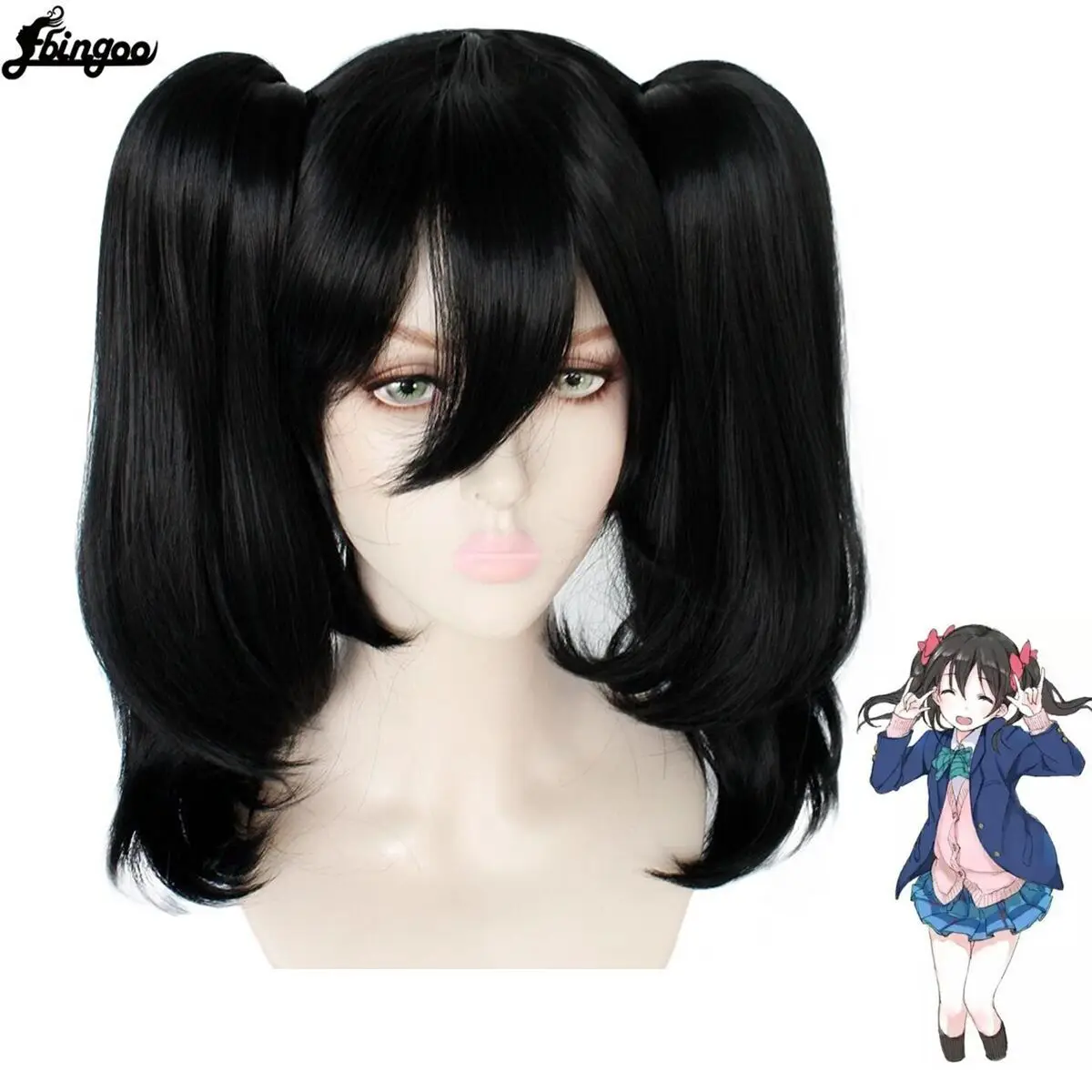 Ebingoo Synthetic Wig LoveLive! Nico Yazawa Cosplay Wig Short Black Ponytail Heat Resistant Hair Wig for  Halloween Costume Wig