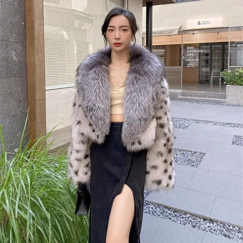 여성용 인조 실버 여우 모피 코트, 레오파드 패턴, 모조 밍크 모피 재킷, 큰 모피 칼라 파카, 가디건 플로킹 탑, 겨울