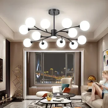 Golden led chandelier with white milk glass ball for bedroom, living room, dining room, home decoration, flashing lights, light tricolor 1