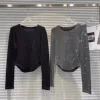Fat people oversized wear 300 catties fashion rhinestone diamond bright silk curved edge women's long-sleeved T-shirt