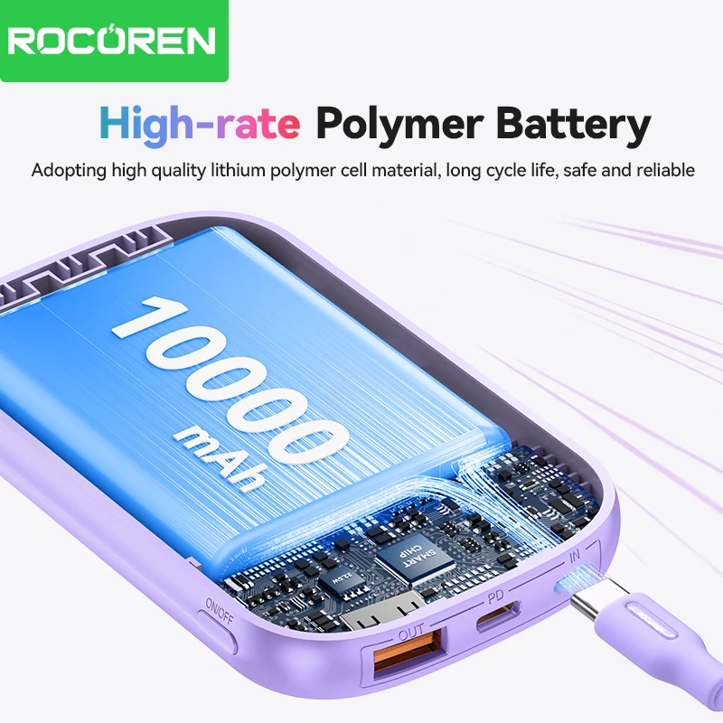 Rocoren 22.5W Fast Charging Power Bank With 3 Cable Mobile External Portable Battery Charger powerbank For iPhone Samsung Xiaomi 6