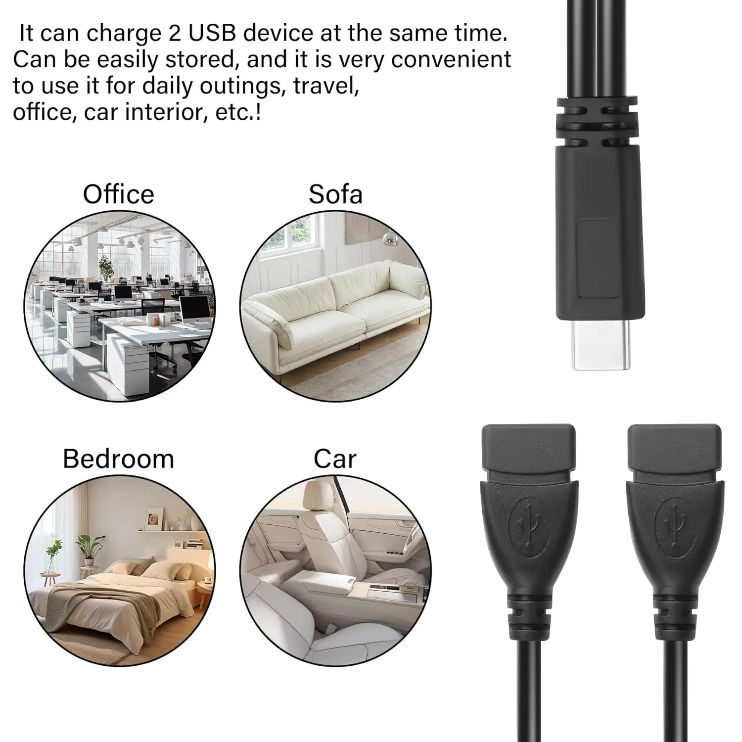 USB C타입(수) - 듀얼 USB 2.0 A타입(암) Y형 분배기 충전 어댑터 2 in 1 고속 충전 케이블 (차량용 팬, 휴대폰, LED 조명용)