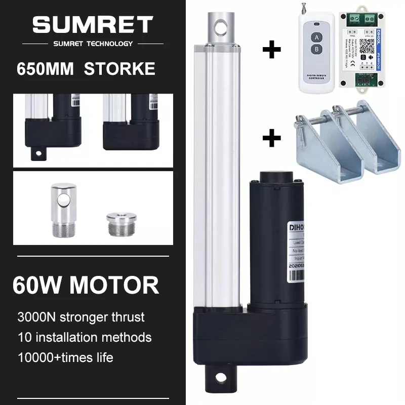 

650mm Stroke Linear Actuator Kit Set DC12V 24V Motor Forward Reverse Steering Controller Module Bracket Lift TV System 3000N