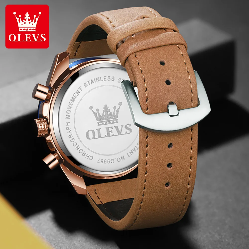 OLEVS Men's Quartz Watch New Original Date Calendar Moon Phase Waterproof Luminous Brown Leather strap Quartz Watch for Men