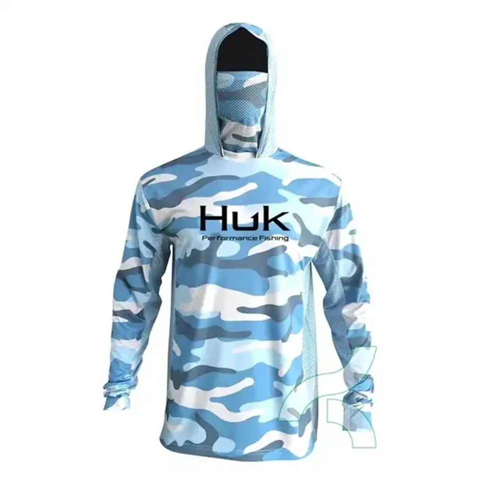 

HUK Fishing Shirt Hoodie With Face Mask Men Breathable Anti Mosquito Fishing T-shirts UPF 50 Long Sleeve Sun Protection Clothing