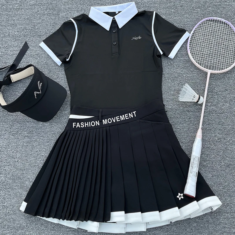 Golf Women's Autumn New Short Sleeved Top, Quick Drying and Slimming Fashion, High-quality Short Skirt, Outdoor Leisure Sports