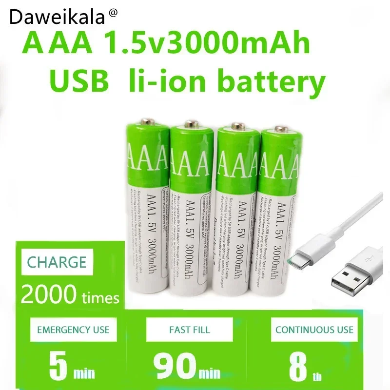 USB AAA Rechargeable Batteries 1.5V 3000 mAh li-ion For Remote Control Mouse Electric Toy + Type-C Cable