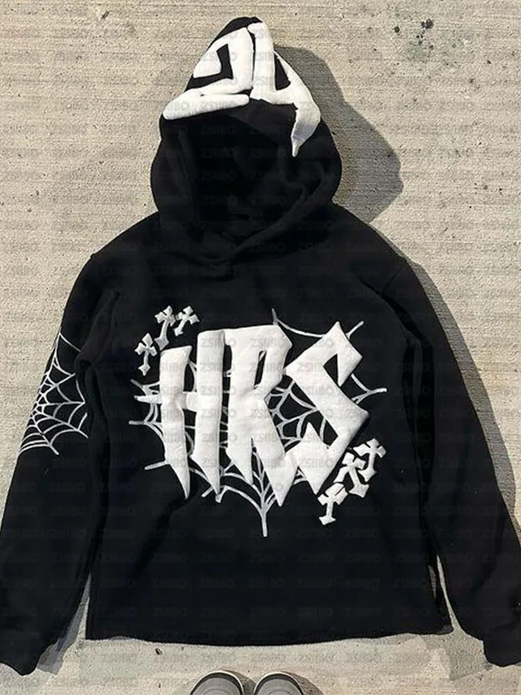 thumbnail image 1 of Sudadera con capucha Y2K Kpop Retro Street Fashion con capucha y letras estampadas con telaraña, sudadera de manga larga para hombres y mujeres, ropa, 1 of 5