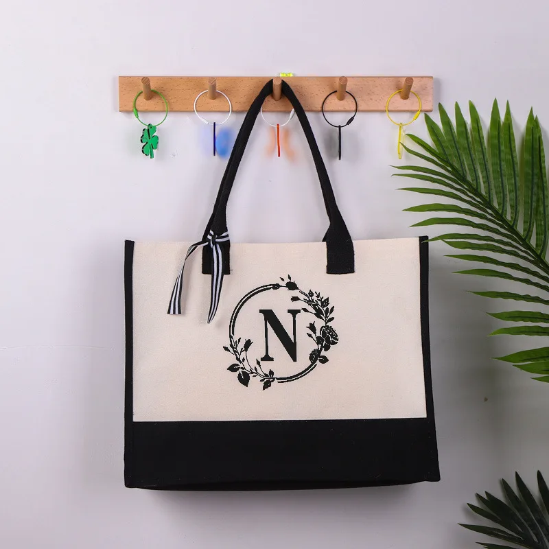Canvas Tote Shoulder Bags Alphabet Letters Flower Color Simple Fashion Water and Dirt Proof Shopping Handbags Picnic Storage Bag