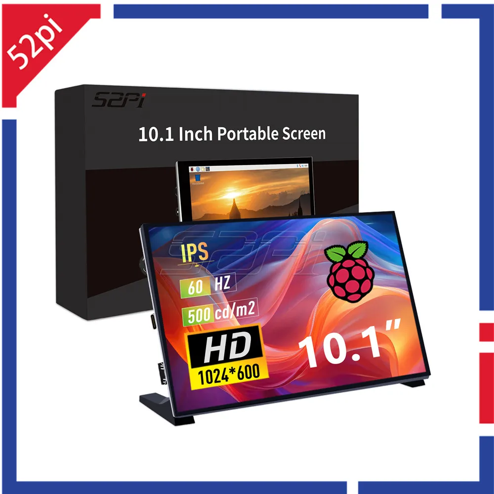 

52Pi 10.1 inch IPS 1024x600 60Hz Portable Screen Display with Brackets for Raspberry Pi and Windows PC