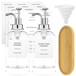 Gourmet Coffee Syrup Dispenser Set with Bamboo Tray - Reusable Glass Bottles with Labels and Funnel (Silver)