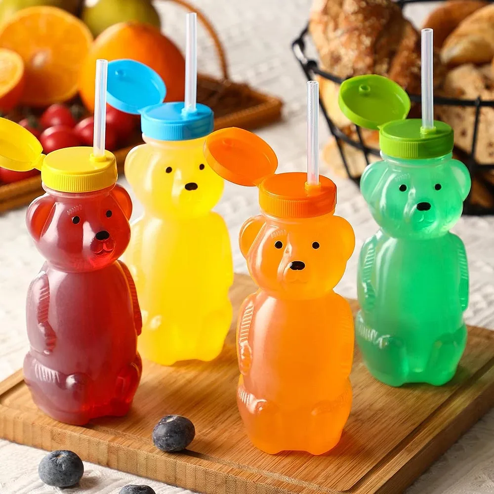 Honey Bear Straw Cups, Juice Bear Bottle Drinking Cup Long Straws with 4  Flexible Straws & Cleaning Tools, 8-Ounce Therapy Sippy Bottles for Speech
