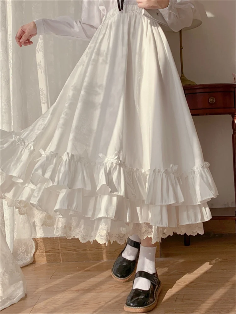 2022 New Japanese Solid Color Double Layer Vintage French Ruffled A-line Skirt Hepburn Style Black Half Skirt Female Long Skirt
