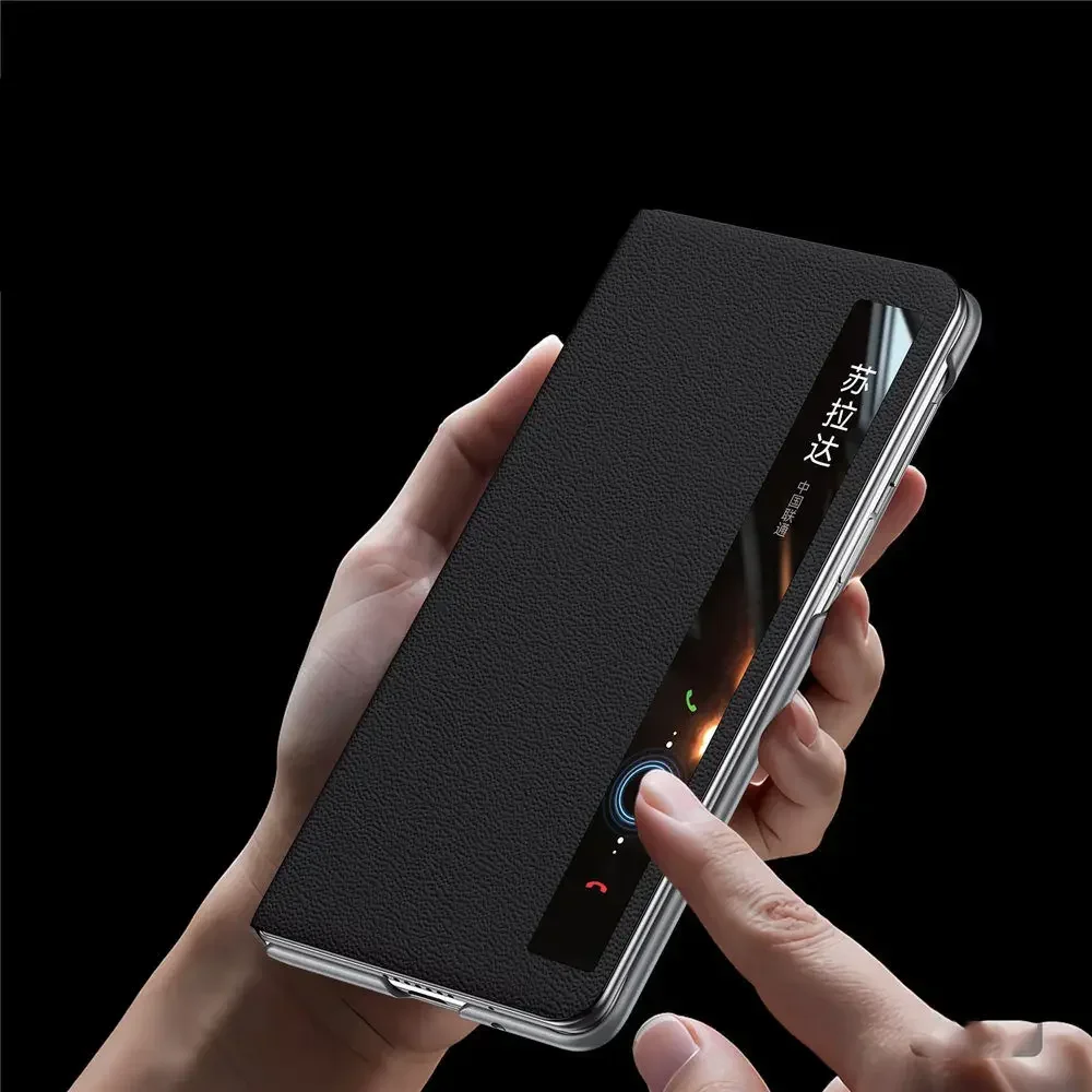 Sulada Genuine Leather Smart Window View Flip Case with Metal Magnetic Ring Holder & Kickstand