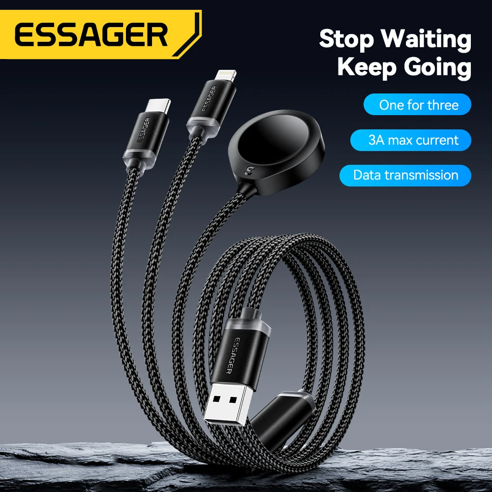 Essager 3 in 1 Multi USB A Charging Data Cable for iPhone 16 15 14 13 Pro Apple iWatch With USB Type C Lightning Charging Cable