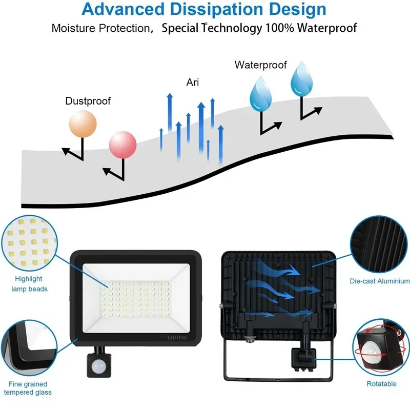 Flood Light LED Wall Lamp PIR Motion Sensor IP66 Waterproof Spotlights 10W 20W 30W Street Lighting Outdoor Garden Floodlight