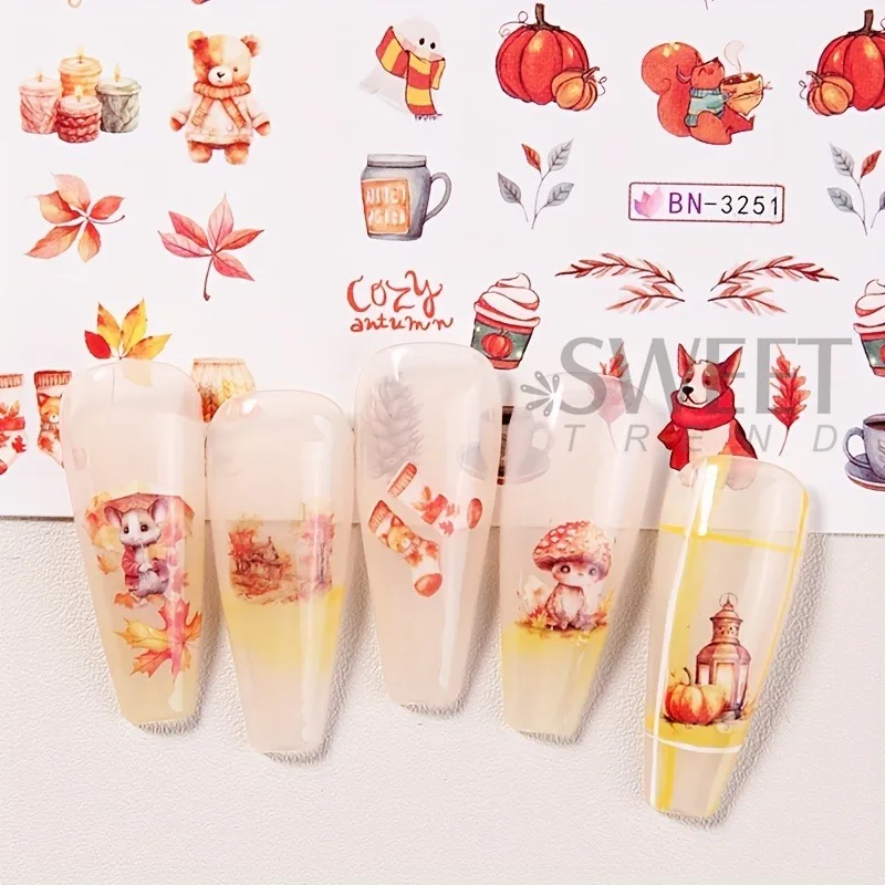 12 Designs Autumn Maple Leaf Squirrel Pumpkin Water Nail Stickers Fall Season Element Watermark Sliders DIY Manicure Decal Foils