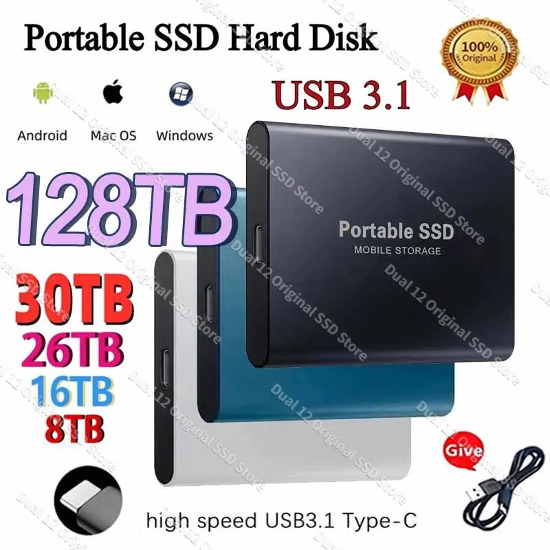 

2023 Mini Portable SSD 2TB 4TB Type-C/USB3.1 External Mobile Solid State Drive High Speed 8TB 16TB Hard Drive Laptop Hard Drive