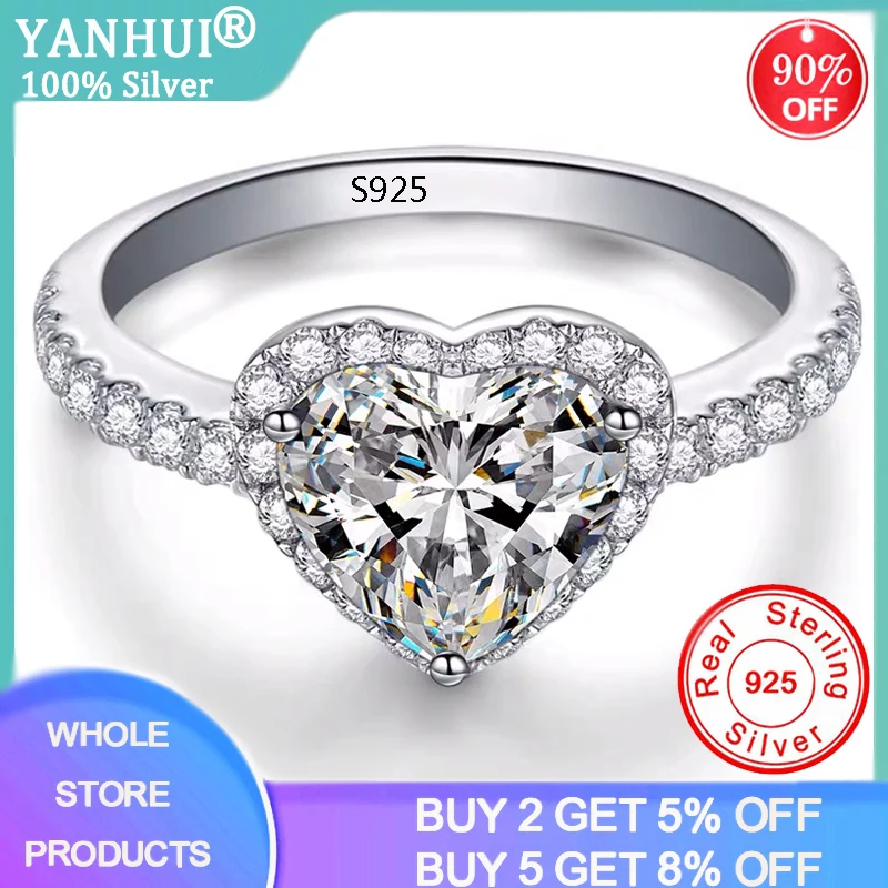 YANHUI Classic Eternal Heart Tibetan Silver  Rings for Women Clear Cubic Zircon Ring Female Engagement Finger Ring Gift
