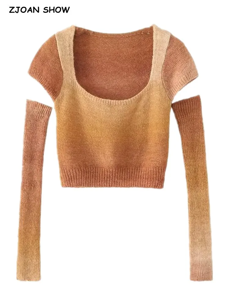 Spring Autumn Removable Sleeve Gradual Color Knitted Pullover Sweater