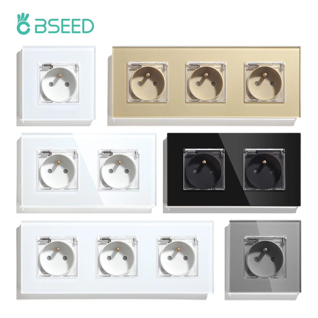 Стандартная одинарная розетка BSEED FR с водонепроницаемой крышкой, двойные настенные французские розетки, тройные розетки питания, 16 А, стеклянная панель 110-250 В