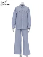 Oymimi Casual Dark Blue Print Women's Two Pieces Set Elegant Long Sleeve Button Shirt And Low Waist Straight Trousers Female Set - Image 5