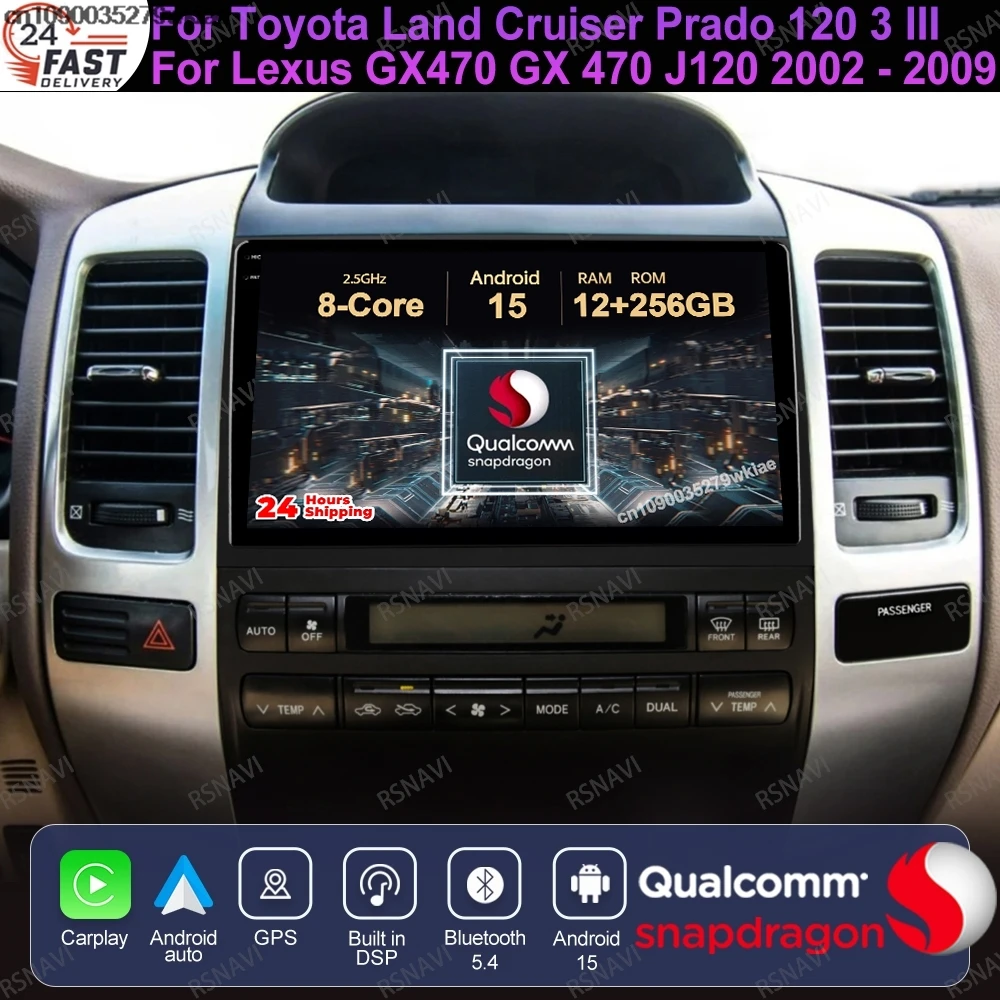 Android 15 para Toyota Land Cruiser Prado 120 3 III para Lexus GX470 GX 470 J120 2002 - 2009 BT 4G LTE Radio de coche Qualcomm GPS QLED 1