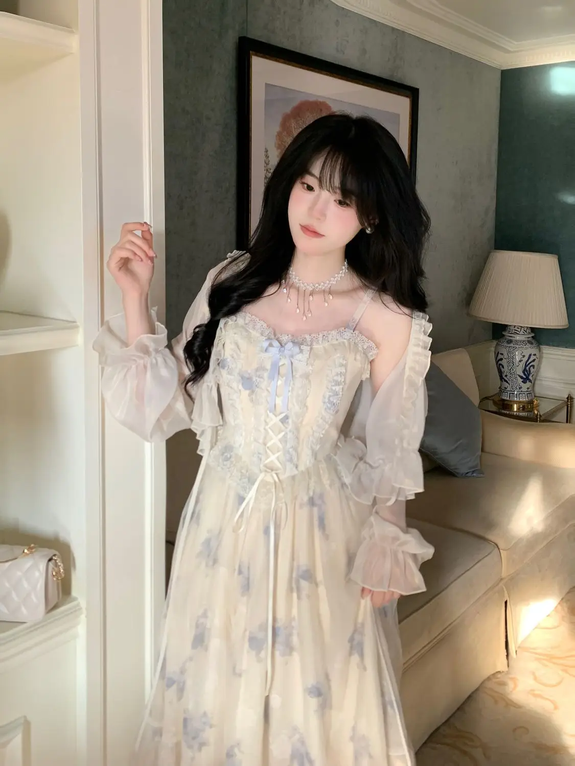 NIGGEEY 달콤한 프린트 메쉬 패치워크 레이스 테두리 서스펜더 원피스 페어리 롱 원피스, 나무 귀 레이스 업 가디건 세트, 용수철 여름