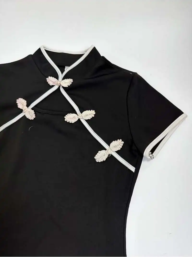 Women Black Cheongsam Inspired Top 2026 Slim Fit Mandarin Collar Frog Button Short Sleeve Tee 4