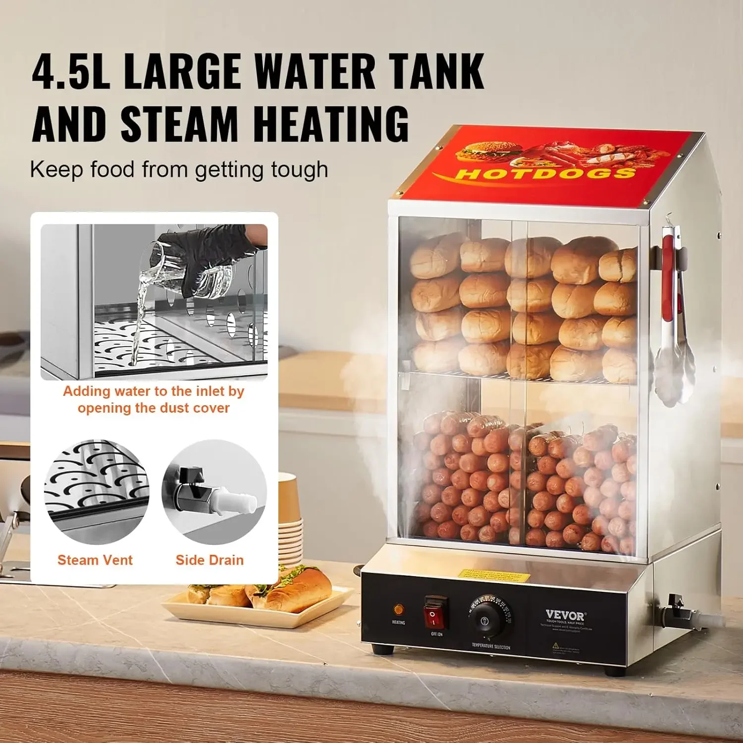 Hot Dog Steamer, 39QT, 2-Tier Hot Dog Hut Steamer, 86℉~185℉ Temperature Control, Electric Bun Warmer with Tempered Glass Slide D 4