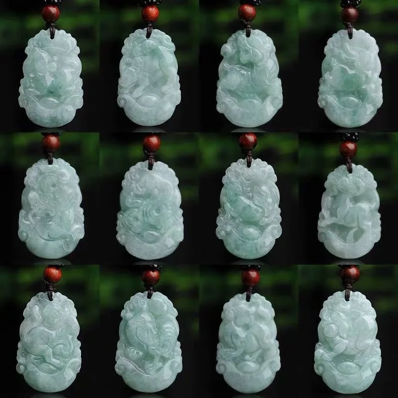 Burma Unisex Jadeite Pendant Hand Carved Lucky Amulet Chinese Zodiac Jade Necklace With Chain For Men Women Gift
