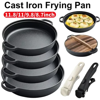 8.7/9.8/11/11.8inch Cast Iron Frying Pan with Double Handles Baking Tray Pre-Seasoned for Bread Baking Outdoor Cooking Camping