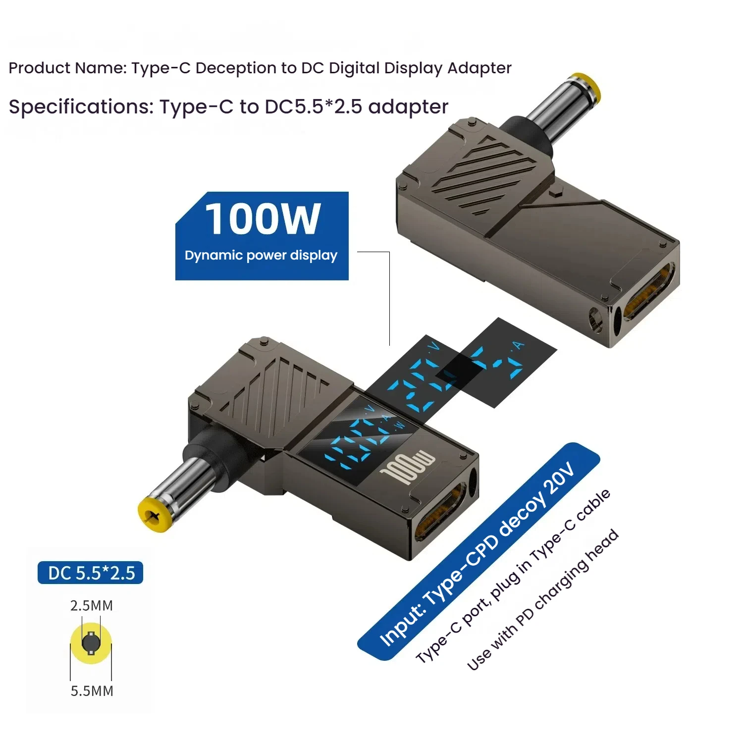 100W Laptop Power Charger Converter - Type-C to DC Male Adapter