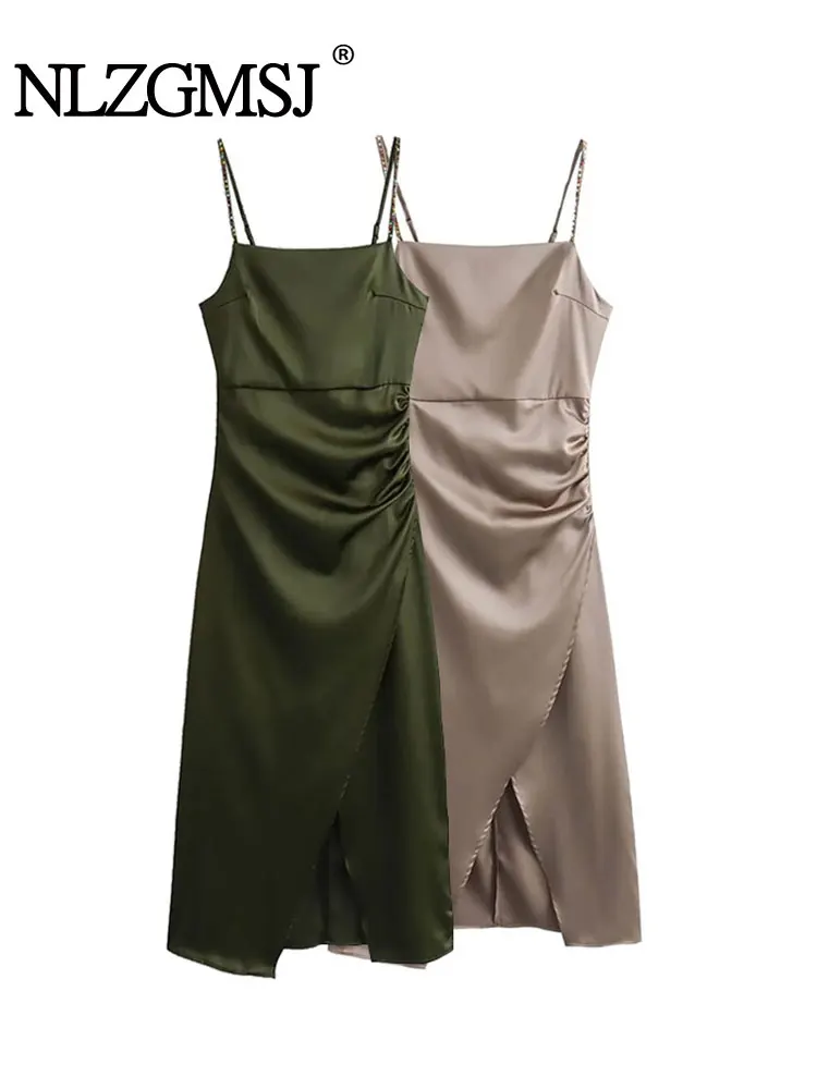 

Nlzgmsj TRAF 2024 Women Dress Beaded Suspender Lingerie Style Satin Texture Long Sleeveless Dress Woman Female Dress