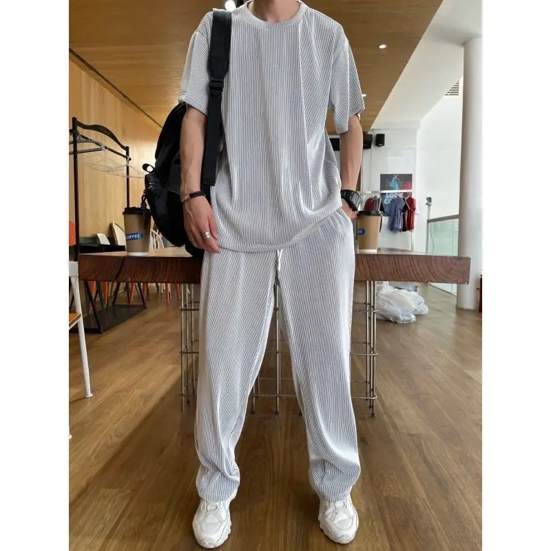 Short Sleeved Trouser 2 Piece Set Casual Men Fashion Personality Youth Loose Soft Hygroscopic Breathable Lightweight Summer Cool