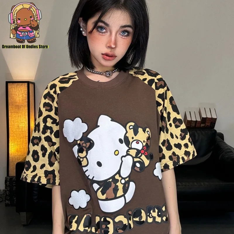 Hello-Kitty-Loose-T-shirt-Cotton-American-Casual-Leopard-Print-Cute-Cartoon-Women-Top-Short ...
