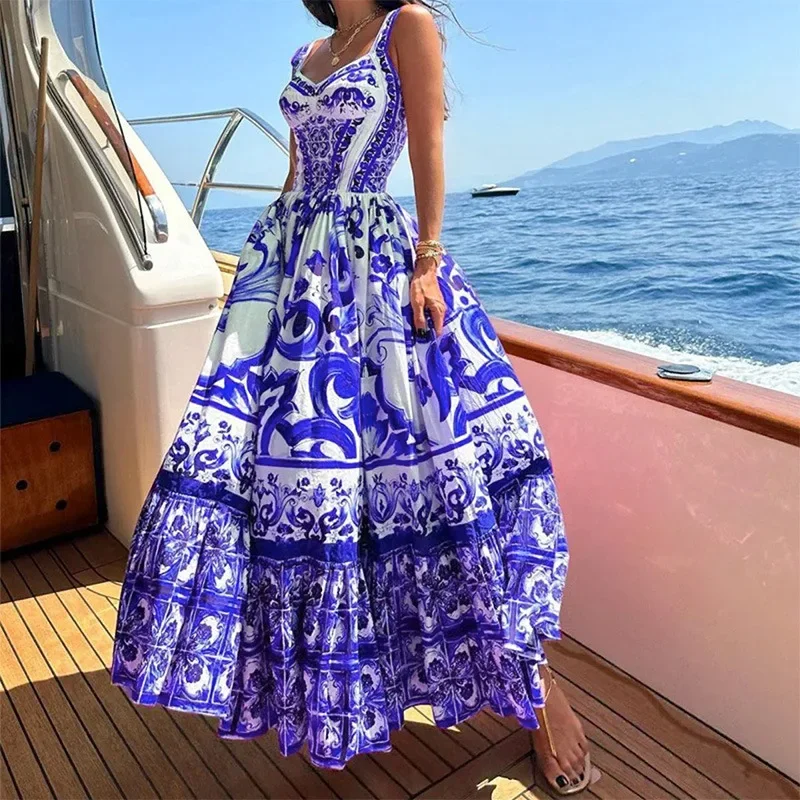 thumbnail image 1 of Vestidos de playa de estilo bohemio de verano para mujer, vestido de tirantes finos con estampado a media pierna, 1 of 5