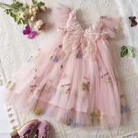 Summer Girls' Princess Party Birthday Dress Sweet Baby Girls Dress Back Bow Wings Fairy Strap Embroidered Butterfly Mesh Dress 3