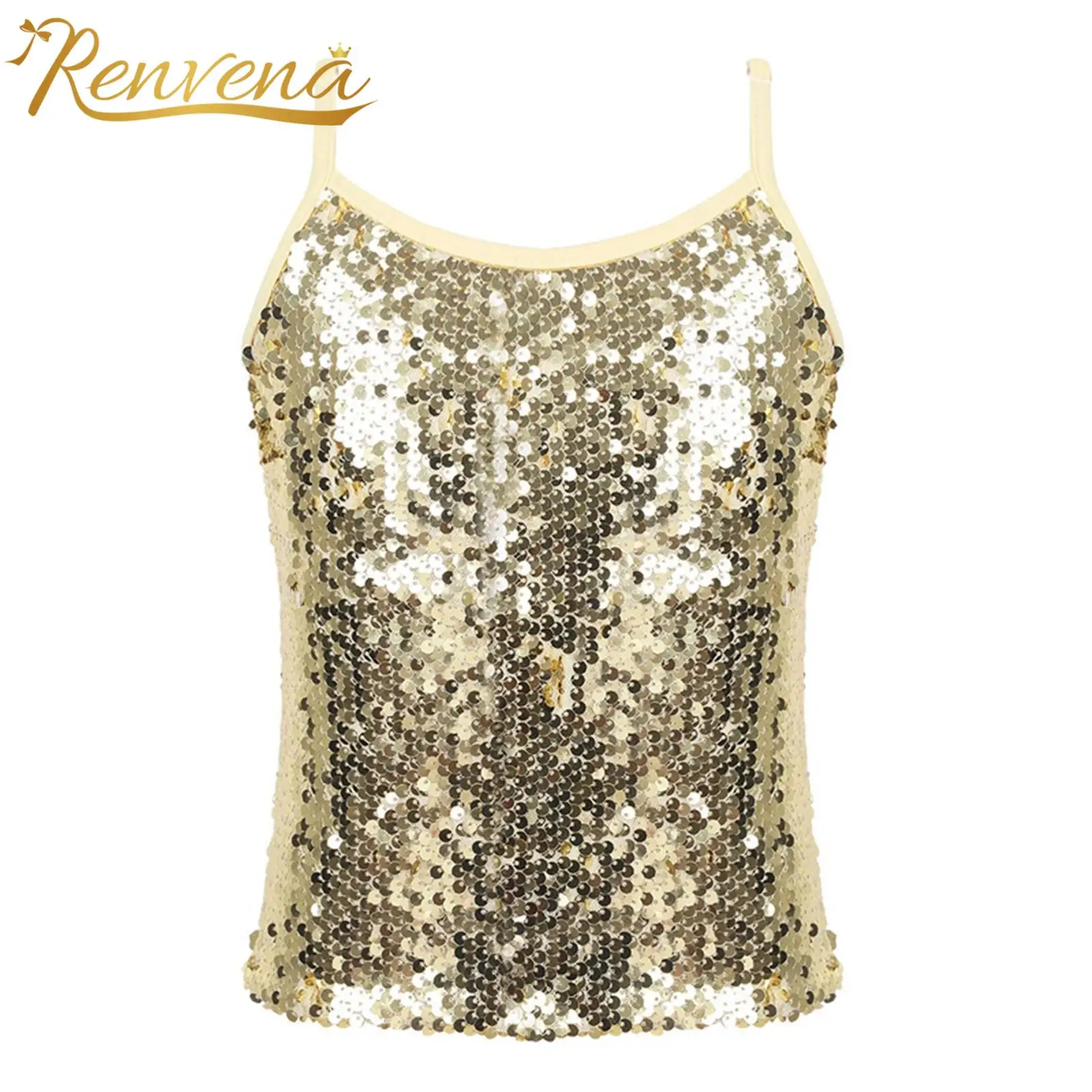 

Kids Girls Summer Camisole Top Ballet Dance Crop Top Adjustable Spaghetti Straps Sequins Tank Tops for Tap Jazz Dancing Vest