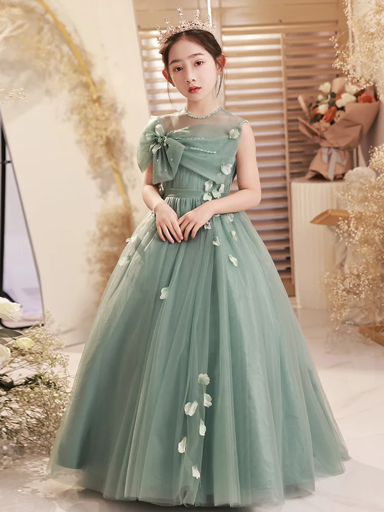 

2023 Christmas Dress for Girls Teenage Girl Elegant Banquet Dresses Children Appliques Bows Green Evening Ball Gown Infant Frock