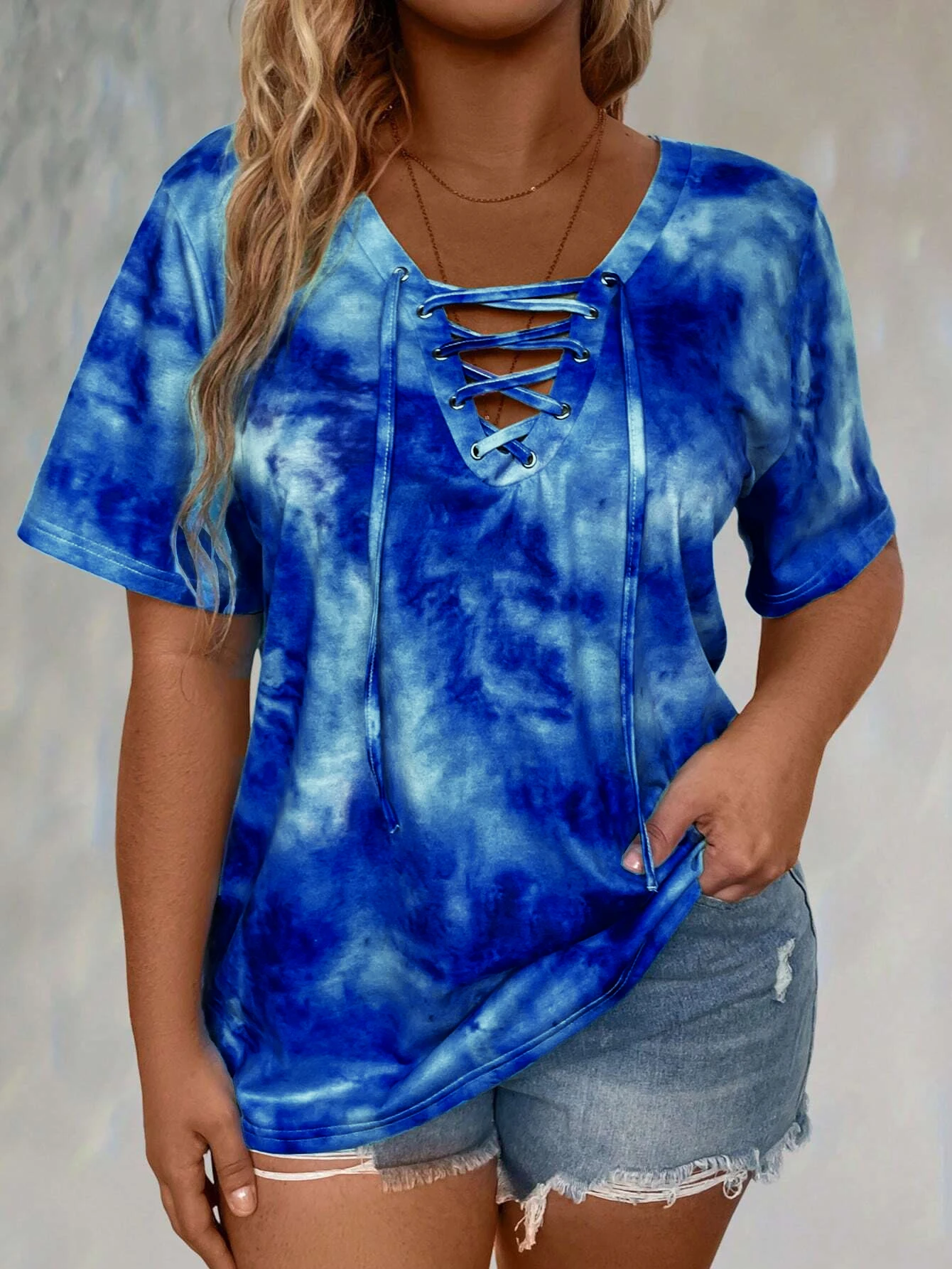 Plus size tie-dye printed short-sleeved T-shirt elegant lace-up hanging collar design top spring and summer casual style 5