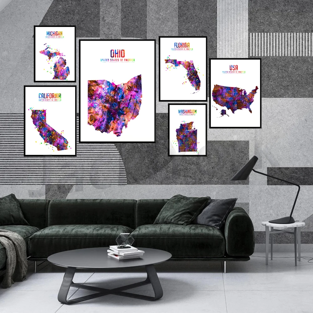 Florida State,Ohio ,North Carolina,Montana State,California, Dell'Aratro, Italia Mappa Wall Art, Stampa Dell'Illustrazione Dell'Acquerello