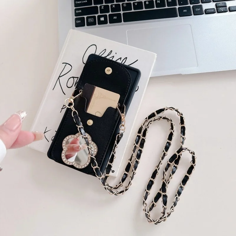 Elegant Mirror Wallet Case with Strap and Card Slot - Crossbody Lanyard with Floral Design