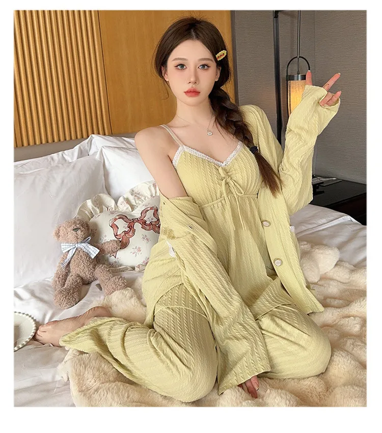 Koreanische sexy Pijama Mujer Frauen Pyjamas Set Baumwolle bequeme 3 Stück Nachtwäsche Brust polster Home Kleidung Winter Pyjamas Femme – Detail 10