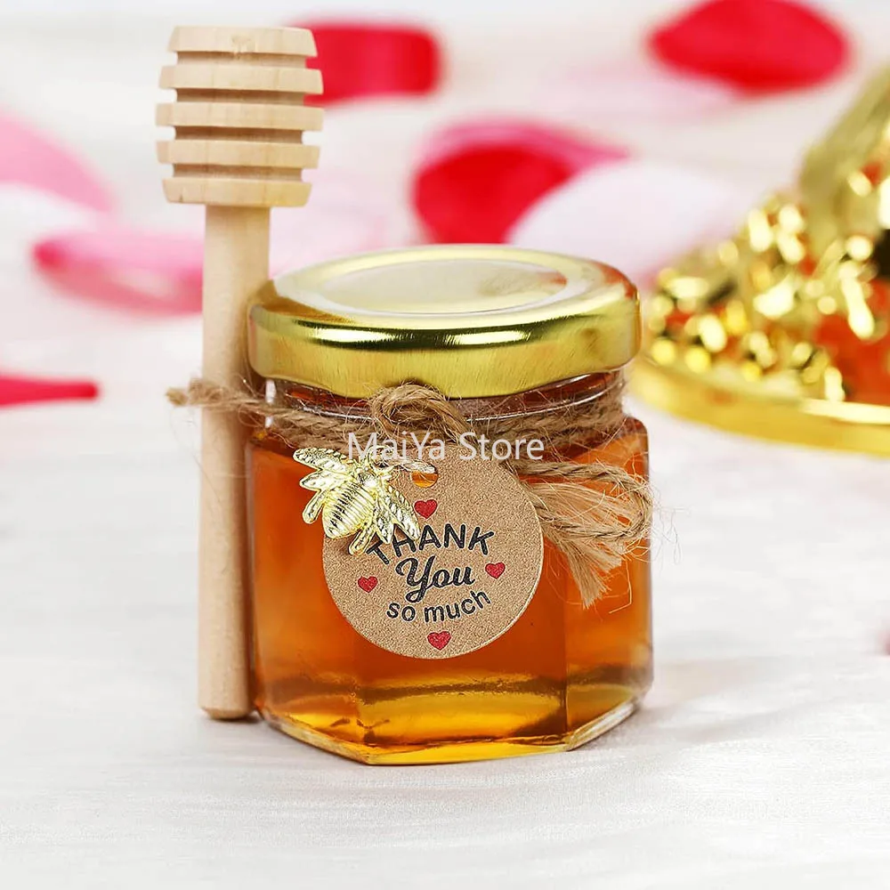 

1.5oz Hexagon Mini Glass Jar with Wood Dipper Gold Lid Bee Pendant Jute Rope Small Containers Bottles for Jam Candies Honey Bab