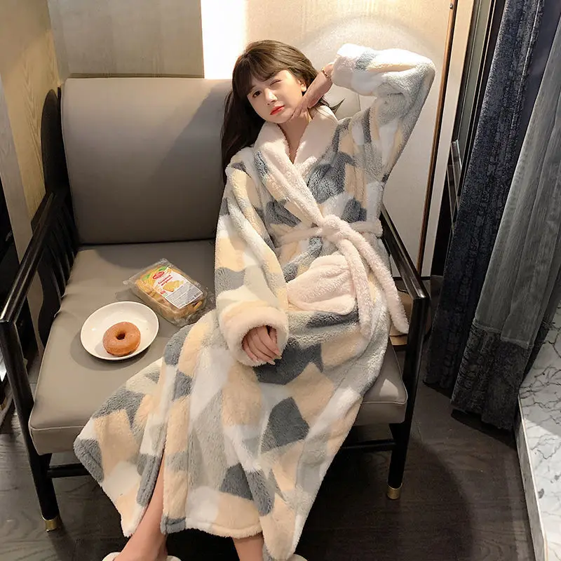 Robes Women Print Mid-calf Design Winter Warm Thick Korean Style Homewear Lounge Casual Popular Feminino Fashion Loose Basic New