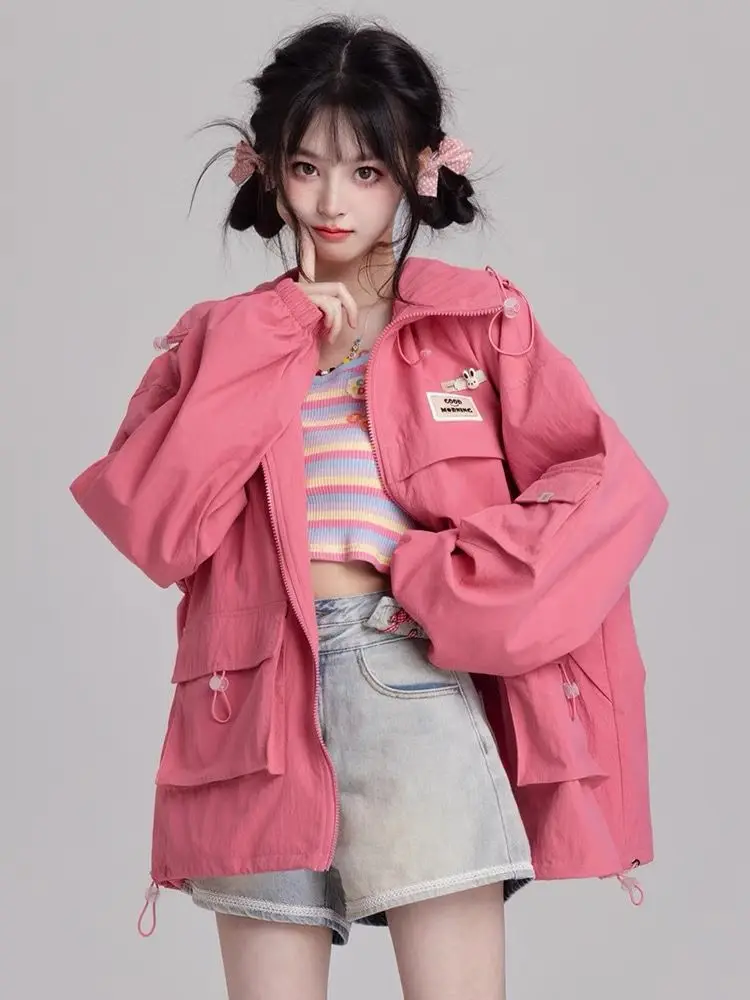 Kawaii Japanese Women'S Casual Streetwear Jacket Zipper Loose Pockets Long-Sleeved Hooded Big Size Fashion Vintage Harajuku